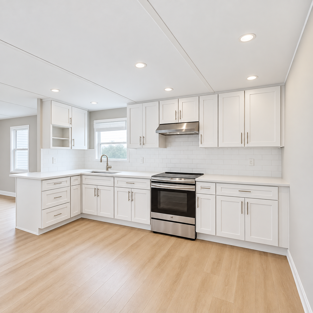 Finished bright white kitchen with custom cabinetry